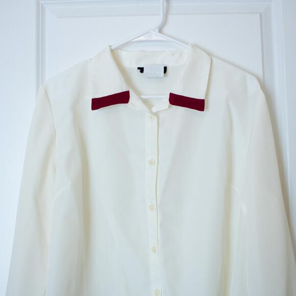 VTG Colorblock Career ZOÉ White Burgundy Collar Blouse Button Mod Minimal 14P - Picture 6 of 9